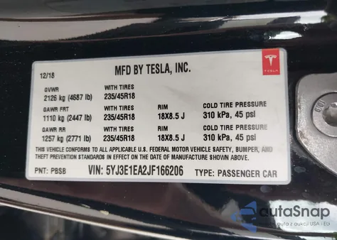 2018 Tesla Model 3 Long Range/Mid Range from USA, damaged, VIN 5YJ3E1EA2JF166206